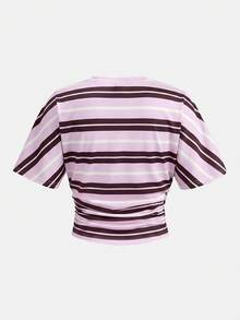 Girlism Áo thun croptop dệt kim in sọc nhún bèo dành cho thiếu nữ, áo tay ngắn casual cho trẻ em và thanh thiếu niên, thích hợp mặc hàng ngày, đi làm, dự tiệc trang trọng, lễ tốt nghiệp, kỳ nghỉ. - Hồng - Xem 2