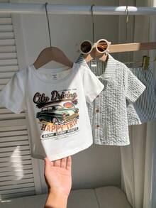SHEIN 三件套包括：休闲可爱学院风男婴夏季套装 - 条纹短袖衬衫、松紧腰短裤和针织T恤 - 彩色 - 查看 8