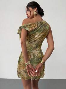 Firerie Women's Sage Green Floral Summer Mesh Mini Dress,Seductive Night Out Asymmetrical Shoulder Elegant Vacation Beach Hawaii Party Graduation Prom - Multicolor - View 3