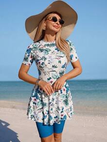 Swim Mulvari 2pcs Women's Blue & White Floral Chinoiserie Print Mini Skirt & Camisole Bikini Set, Elegant Casual For Spring/Summer Beach Party Holiday - Dark Green - View 5
