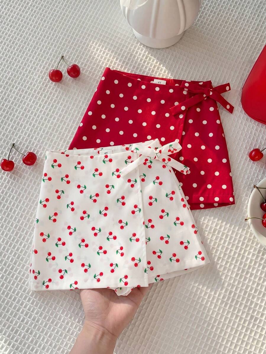 SHEIN 2pcs Young Girl Cherry Print Woven Skorts Set - Multicolor - View 1