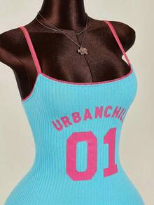 Amplova Sports Number Contrast Color Lace Patchwork Bodycon Mini Dress,Summer Dresses For Women - Teal Blue - View 3