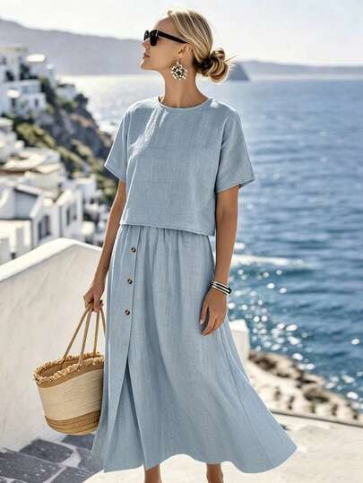 Louniche Women's Casual Vacation Solid Color Round Neck Cropped Top With High Slit Button Design Pockets & A-Line Skirt 2-Piece Set, Spring/Summer