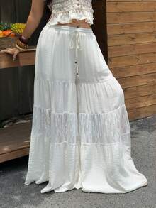 Sunnyshic Plus Size Casual Boho Vacation Lace Patchwork Semi-Sheer Wide Leg Pants Beach White Autumn - White - View 6