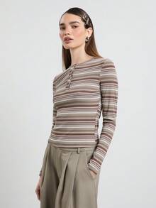 COUREZ Striped Long Sleeve Henley Neck Top/Y2K Autumn Women's Clothing Autumn Outing Outfit Women's Autumn Top Outing Top Cute Top Women's Top - Multicolor - View 2