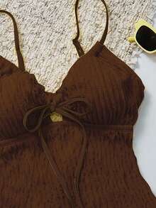 Swim Vcay Women's Textured Fabric Front Drawstring One-Piece Swimsuit, Suitable For Summer Beach Vacation - Brown - View 6