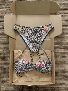 SHEIN MOD Bộ bikini gợi cảm buộc dây cổ họa tiết da báo dành cho nữ, thích hợp mặc đi biển mùa hè. - màu nâu - Xem 2