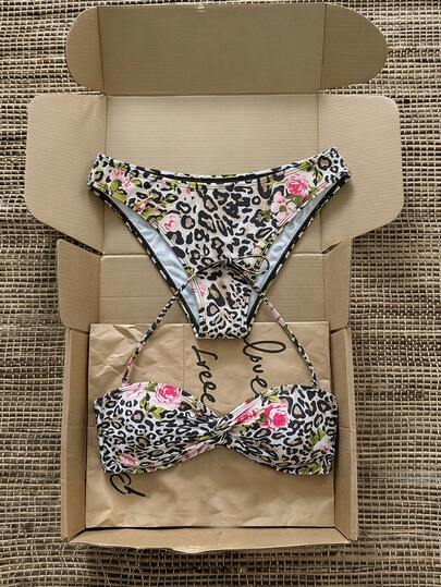 SHEIN MOD Women's Summer Beach Leopard Print Halter Tie Sexy Bikini Swimwear Set