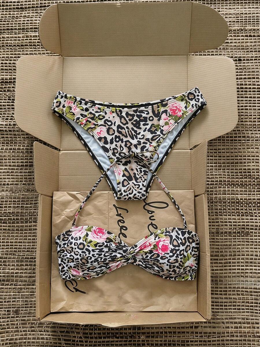 SHEIN MOD 女士夏季沙滩豹纹吊带系带性感比基尼泳装套装 - 棕色 - 查看 1