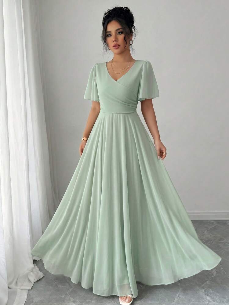Elenzga Ruffled Sleeve Waist Cinched V-Neck A-Line Minimalist Elegant Romantic Sophisticated Women Dress - Green - View 1