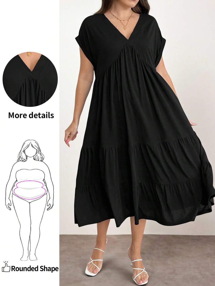 Enliva Vestido negro holgado de cuello en V para tallas grandes, para silueta de manzana y redondeada - Negro - Ver 1