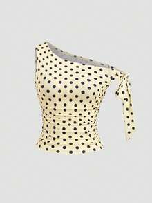Sweetra Camiseta ajustada con diseño de hombro asimétrico con lazo y cintura ceñida con estampado de lunares, con un estilo retro elegante, adecuada para primavera/verano, estilo europeo y americano - Amarillo - Ver 1