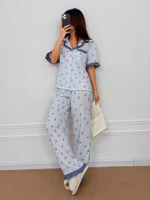 Napfluff Blue Striped & Cherry Print Patchwork Contrast Color Lapel Short Sleeve Pajama Set For Women - Blue - View 6