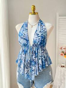 Comfortcana Plus Size Women Brown Halter Neck Tie Ruffle Hem Blouse, Spring/Summer Holiday Beach Gym Vacation Party Boho - Blue - View 5