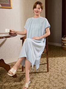 DAZY Women's Solid Color Pleated Casual Everyday Dress Summer Pajamas - Blue - View 8