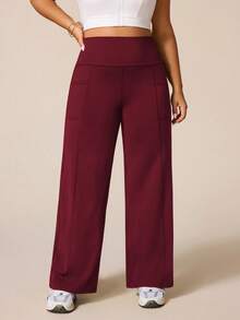 SHEIN Rhythm Era Plus Size Women High Waist Loose Solid Color Sports Leggings - Burgundy - View 6
