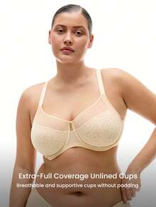 LUVLETTE Lencería de talla grande tipo salón con cobertura completa, con soporte y transpirable, sujetador con aros sexy sin forro, elegante encaje vaporoso y cómodo minimalista - Albaricoque - Ver 8