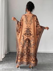 Elenzga Đầm dáng rộng in họa tiết tay cánh dơi cổ tròn cỡ lớn, thích hợp cho kỳ nghỉ và các buổi tụ họp, phù hợp cho người có thân hình mũm mĩm. - màu nâu - Xem 4