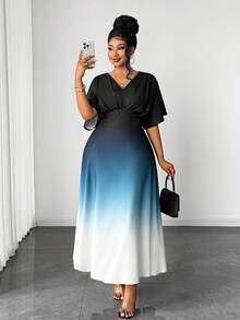 Maweii Đầm dự tiệc tay ngắn/dài kiểu vintage sang trọng dành cho nữ cỡ lớn, chất liệu vải gradient. - Nhiều màu - Xem 6