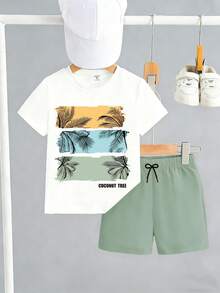 SHEIN Streecool Kids 2pcs/Set Young Boy Leaf Print Contrast Color Round Neck Short Sleeve T-Shirt And Solid Color Shorts - Green - View 3