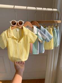 SHEIN Bộ 3 món áo polo cổ chữ V và quần short phong cách thường ngày dễ thương cho bé trai/bé gái, thích hợp cho kỳ nghỉ hè. - Màu xanh bạc hà - Xem 7