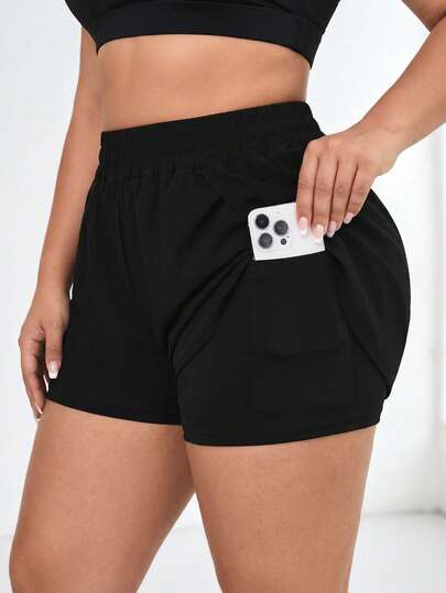 Easithlete Plus Size Women Yoga Outdoor Fitness Shorts, Faux Two-Piece Design With Side Pockets