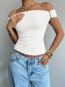 Siren Gaze Áo thun croptop ôm sát, màu trơn, chất liệu vải có họa tiết, hở vai, dành cho nữ, thích hợp cho kỳ nghỉ hè ở bãi biển. - trắng - Xem 5