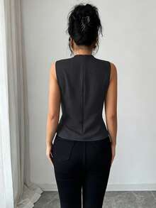 Elenzga Áo kiểu nữ không tay xếp ly vạt bất đối xứng thanh lịch, chất liệu vải giả denim, cổ cao, áo sơ mi xanh thời trang cho mùa xuân/hè. - màu đen - Xem 2