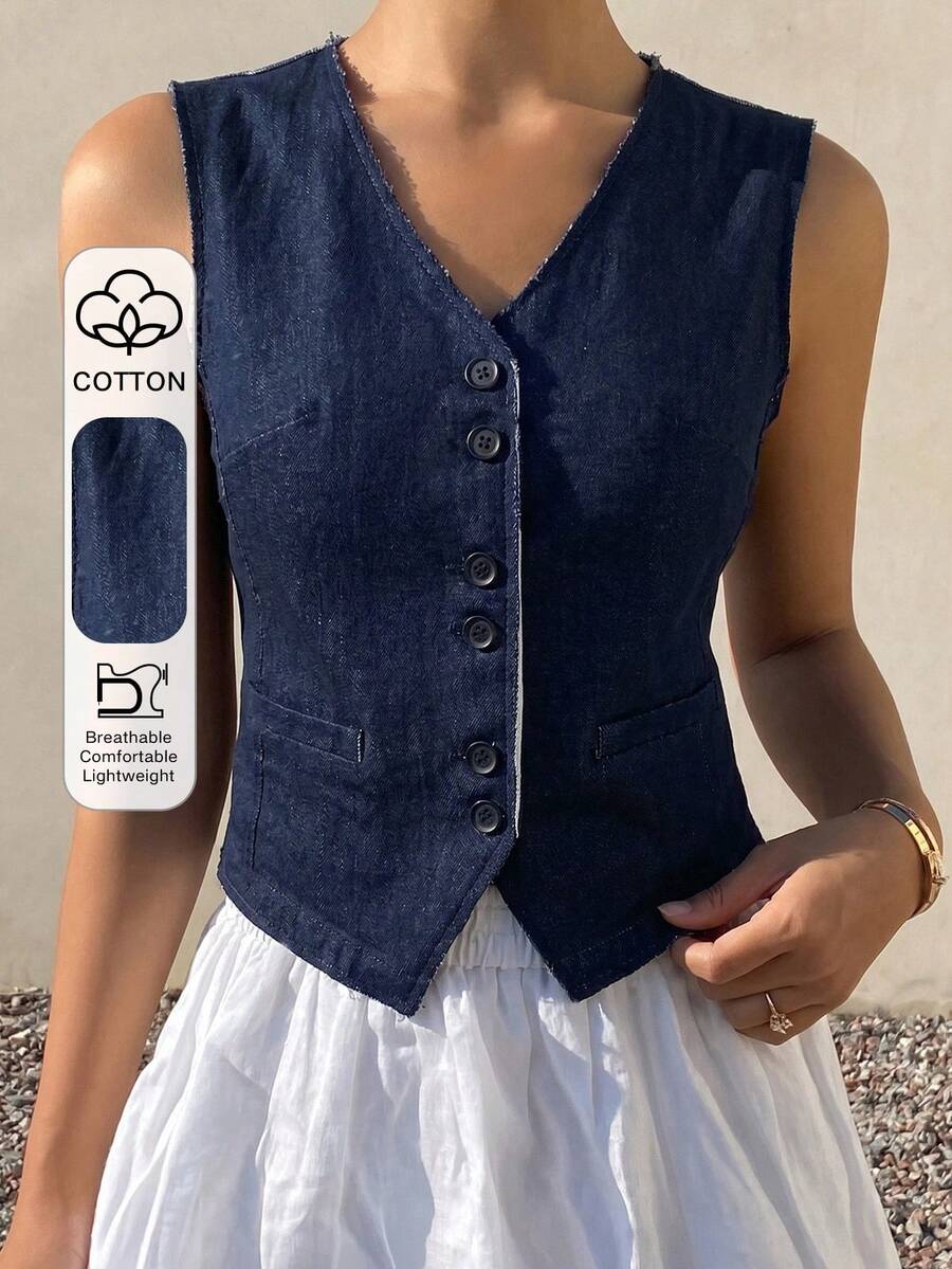 Livesso Áo sơ mi denim không tay dáng rộng, kiểu vintage màu xanh lam, dành cho nữ, thanh lịch cho công sở, đi làm và đi nghỉ mát, thích hợp cho mùa xuân và mùa hè. - Rửa tối - Xem 1