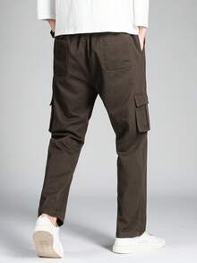 Manfinity Homme Men's Solid Color Drawstring Waist Pocket Casual Cargo Pants, Versatile For Daily Wear - Coffee Brown - View 2