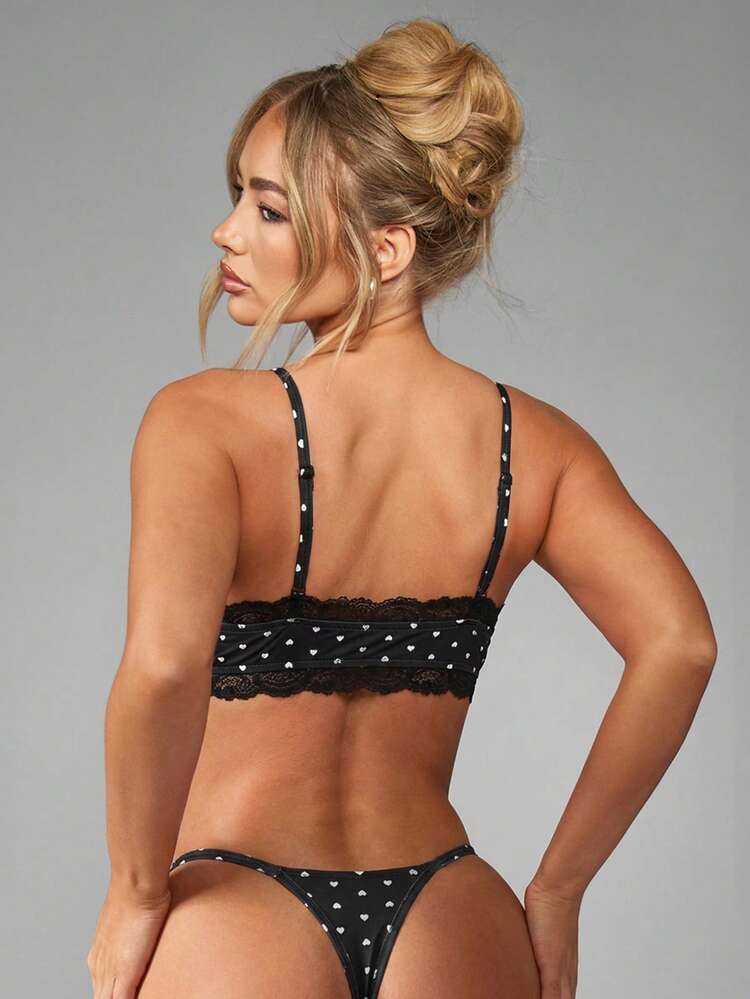 MISSGUIDED Heart Print Bra Thong Set Delicate Lace Trim Black Intimate Lingerie Valentine