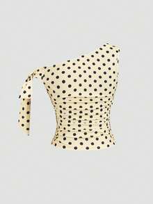 Sweetra Camiseta ajustada con diseño de hombro asimétrico con lazo y cintura ceñida con estampado de lunares, con un estilo retro elegante, adecuada para primavera/verano, estilo europeo y americano - Amarillo - Ver 2