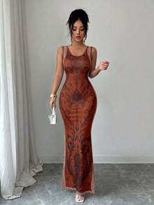SHEIN Elenzya Exquisite Printed Chinoiserie Waist-Cinching Slit Luxurious Retro Middle Eastern UAE Style Robe, Tight Fit, Multi-Color, Sleeveless - Brown - View 5