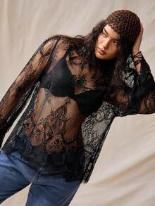 Nubod Plus Size Lace Fabric High Collar Long Sleeve Cuff Ruffle Asymmetrical Hem Fitted Sheer Blouse, Elegant For Outings, Dates, Parties, Beach Vacations - Black - View 3