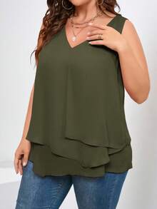 SHEIN Clasi Femmes grande taille Été Décontracté Vacances Trajet quotidien Minimaliste Couleur unie Col V Ourlet superposé Sans manches Top ample - Militaire verte - Voir 1