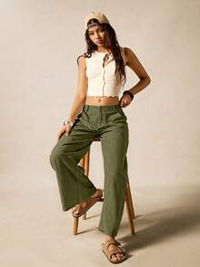 Easelle Olive Green Woven Wide Leg Cargo Pants For Women - Army Green - View 4