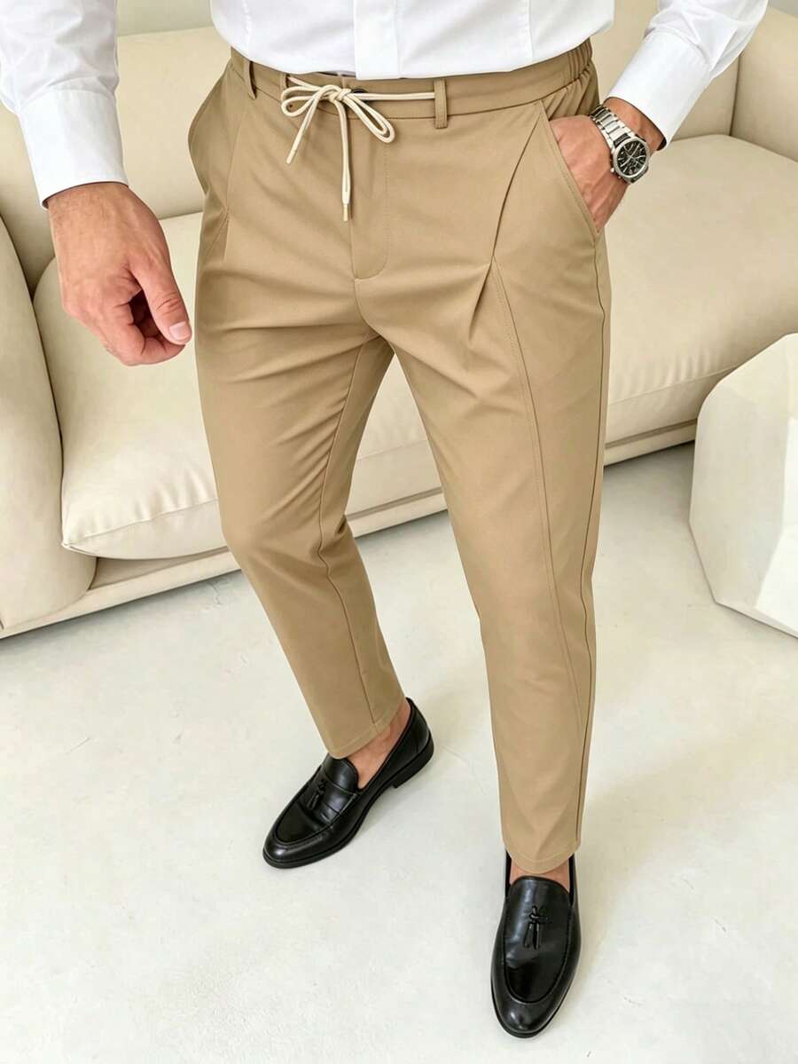Manfinity Mode Quần dài nam kiểu dáng thường ngày, quần tây nam, có dây rút ở eo và cạp quần hơi co giãn, thiết kế tối giản hiện đại, phù hợp cho trang phục thường ngày, đi làm, hẹn hò, đi chơi. Lựa chọn lý tưởng cho bạn trai, người lớn tuổi, trang phục thường ngày hoặc cuối tuần, dễ bảo quản và kiểu dáng đa năng. - Màu Khaki - Xem 1