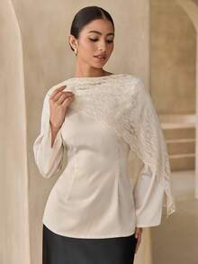 Graceveil Elegant Commuter Satin Lace Shawl Collar Long Sleeve Fitted Shirt - Apricot - View 8