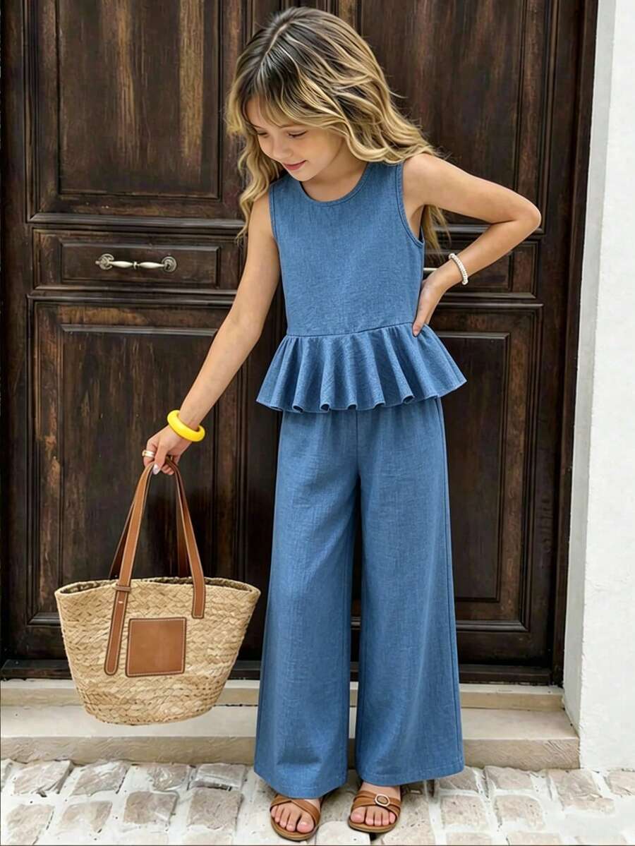 SHEIN Bộ 2 áo không tay bèo nhún và quần ống rộng cho bé gái, trang phục thường ngày cho kỳ nghỉ - Màu xanh lam - Xem 1