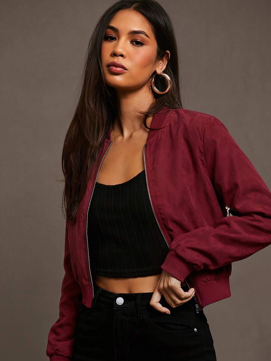 Siren Gaze Zip Up Wind Bomber Jacket In Fall/Winter - Maroon - View 1
