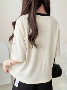 FRIFUL Women's Wavy Striped Loose Contrast Trim Short Sleeve T-Shirt, Summer Casual Wear - Apricot - View 6