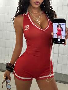 Fiercella Fiercella رومبير نسائية عصرية مرنة مطبوعة بأرقام وألوان متباينة - الأحمر - مشاهدة 5