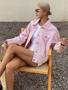 Livesso Casual Loose Denim Jacket With Large Pockets, Sweet Girl Style, Suitable For Spring And Autumn, Fashionable Streetwear And Outdoor Wear - Pink - View 3