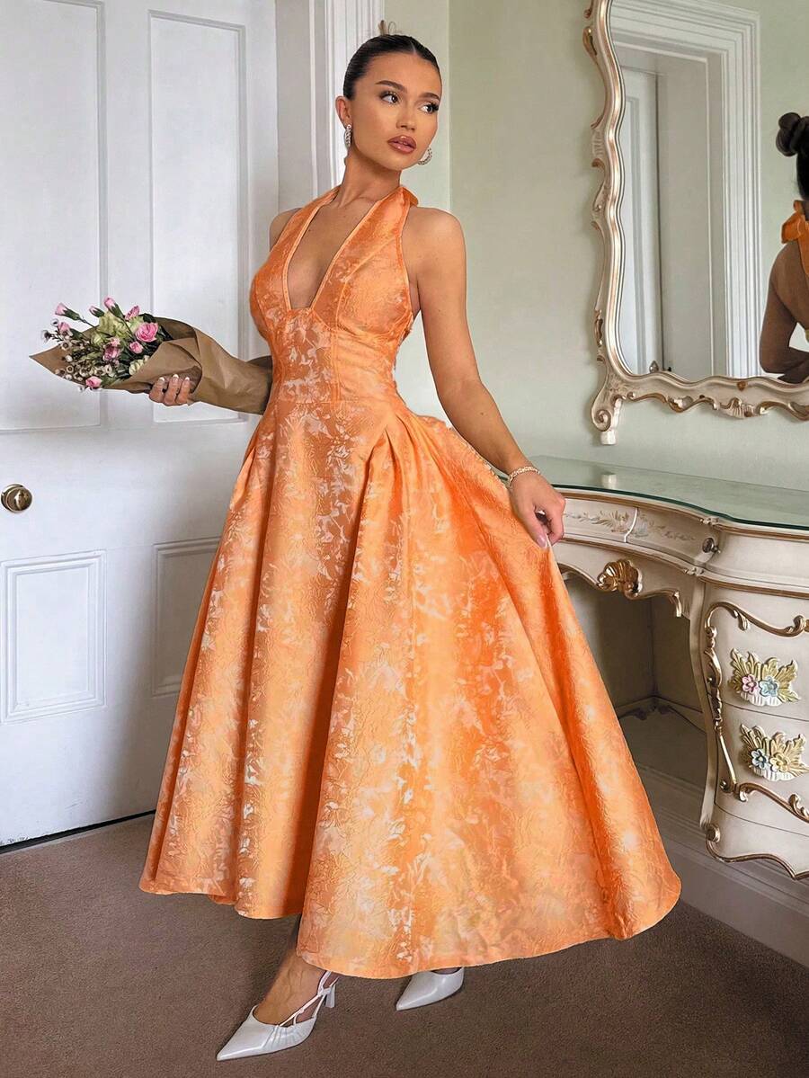 Glamine Charm Vestido acampanado sin mangas con cuello en V y estampado floral en relieve vintage para mujeres - Naranja - Ver 1