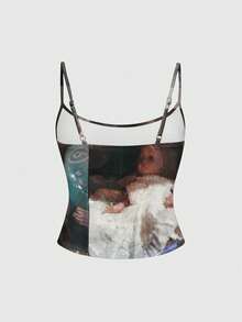ROMWE Avant Camiseta de tirantes estilo palacio misterioso vintage para mujer, primavera/verano - Negro - Ver 2