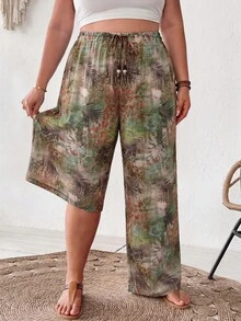 SHEIN CURVE+ Plus Size Women's Tropical Print Beaded Drawstring Waist Loose Lightweight Wide Leg Cover-Up Pants, Summer, Boho, Beach, Holiday - Green - View 3