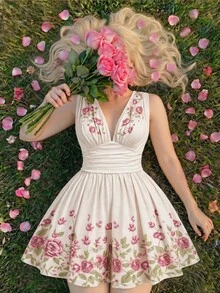 SHEIN MOD 加大码杏色碎花V领连体裤，夏季连体裤，假日花园装，适合白天、节日和度假穿着 - 杏色 - 查看 7