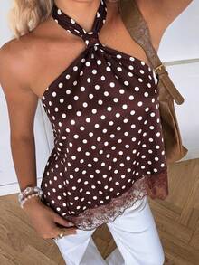 SHEIN PariChic Elegantes Damen Spitzen-Patchwork Top mit Punkt Muster und rückenfrei Träger, Sommer - Mokka-Braun - Übersicht 6
