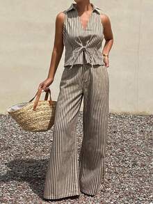 DAZY Bộ đồ denim thường ngày dành cho nữ, gồm áo cổ chữ V kẻ sọc buộc dây và quần dài. - màu nâu - Xem 6