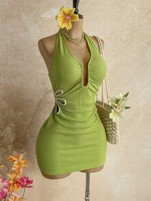 Ure Wave Vestido de mujer con cuello halter plisado y textura hueca - Verde - Ver 5
